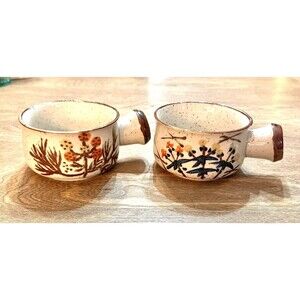 Vintage Speckled Floral Stoneware Takahashi Set Of 2, Soup Bowl with Handle
